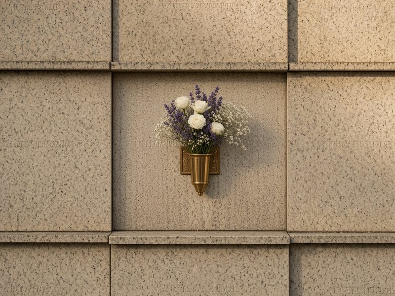 Illustrative example, after: the same niche front cleaned, with white roses and lavender in the vase